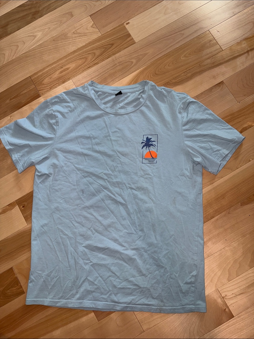 Men's Light Blue Graphic Tee with Palm Sunset S